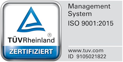 TÜV Rheinland Prüfzeichen: Zertifiziert nach DIN EN ISO 9001